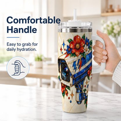 #pl[40oz|White] Floral Camera 40oz Tumbler with Handle, Mosaic Stainless Steel Travel Cup