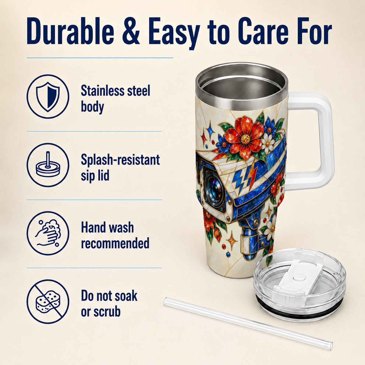 #pl[40oz|White] Floral Camera 40oz Tumbler with Handle, Mosaic Stainless Steel Travel Cup