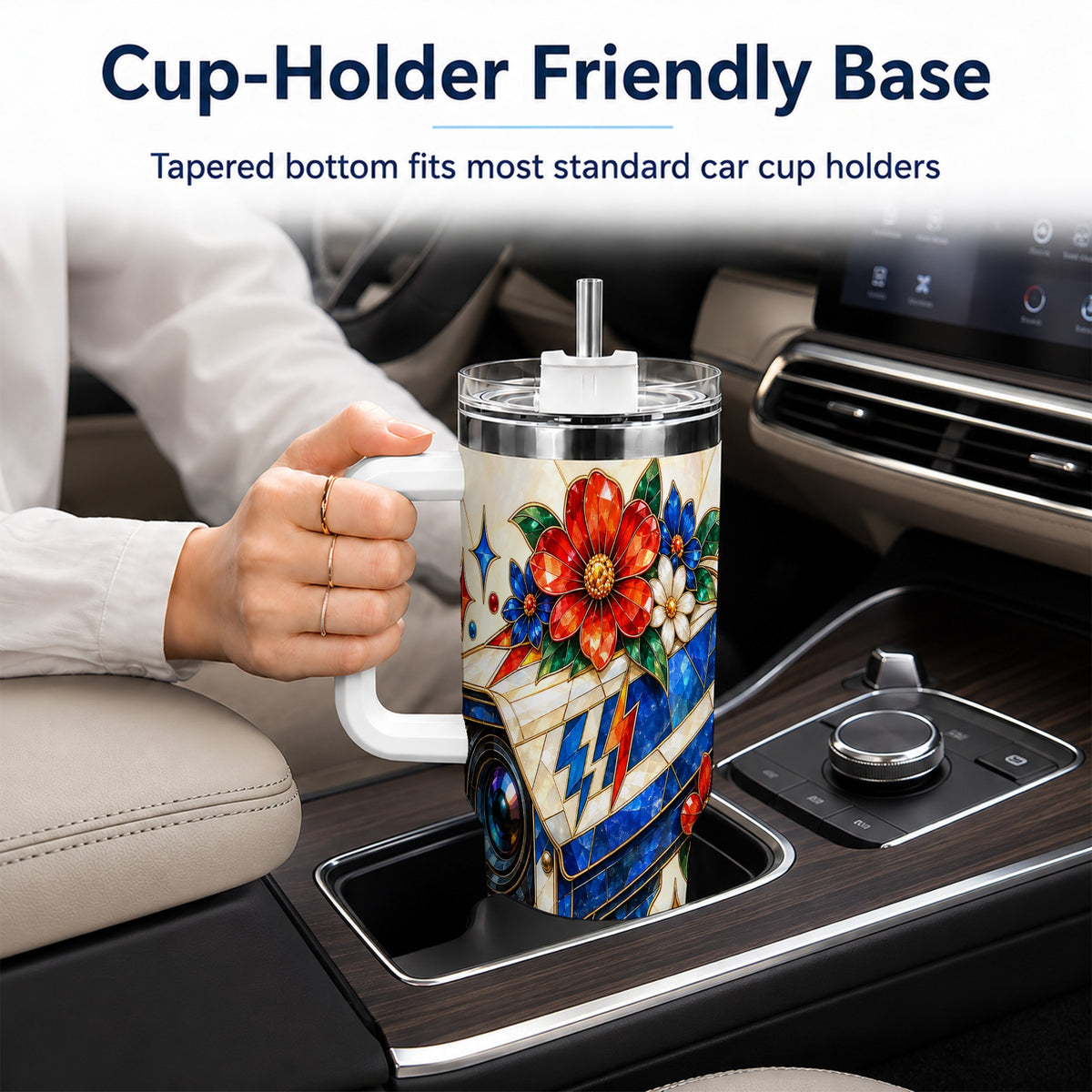 #pl[40oz|White] Floral Camera 40oz Tumbler with Handle, Mosaic Stainless Steel Travel Cup