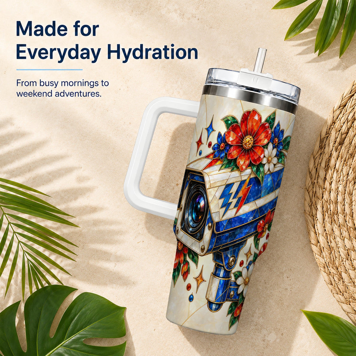 #pl[40oz|White] Floral Camera 40oz Tumbler with Handle, Mosaic Stainless Steel Travel Cup