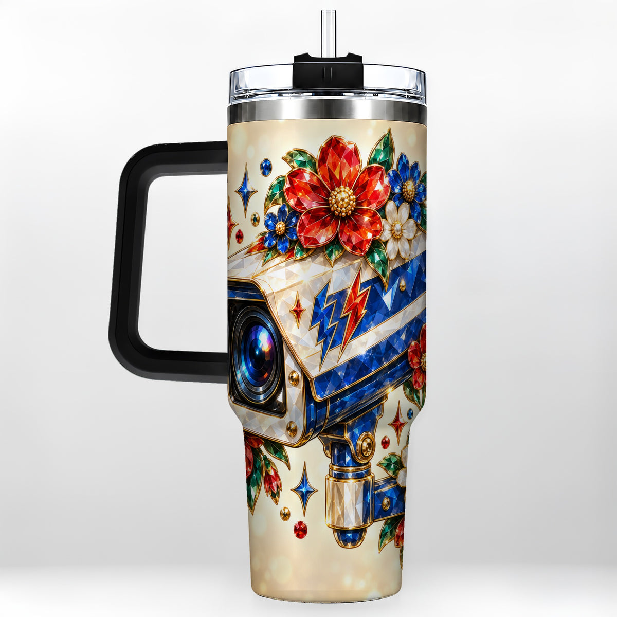 #pl[40oz|Black] Jeweled Camera 40oz Tumbler with Handle, Floral Stainless Steel Travel Cup