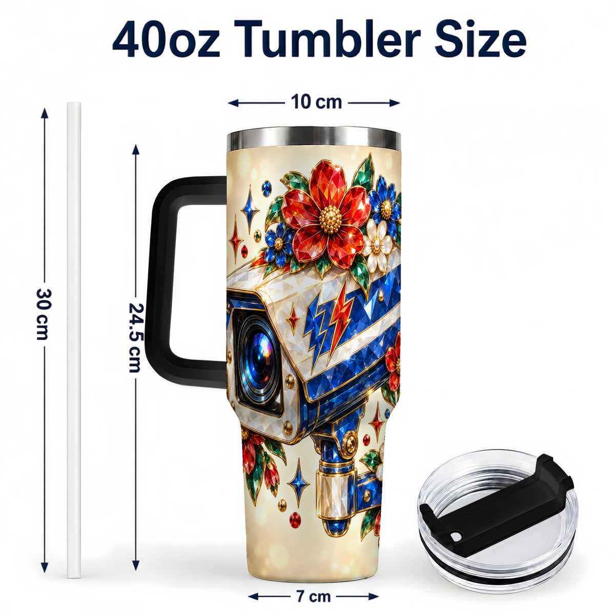 #pl[40oz|Black] Jeweled Camera 40oz Tumbler with Handle, Floral Stainless Steel Travel Cup