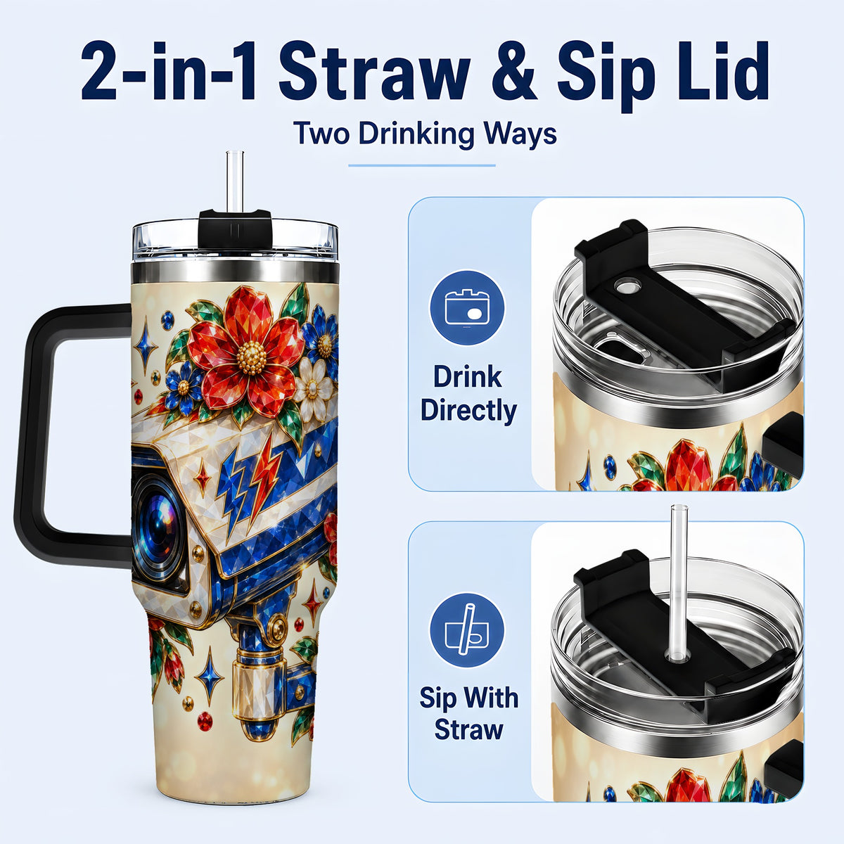 #pl[40oz|Black] Jeweled Camera 40oz Tumbler with Handle, Floral Stainless Steel Travel Cup