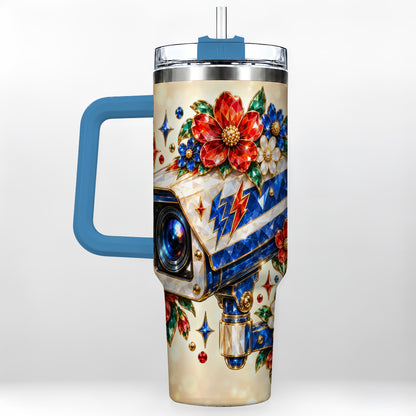 #pl[40oz|Blue] Jeweled Camera 40oz Tumbler with Handle, Floral Stainless Steel Travel Cup