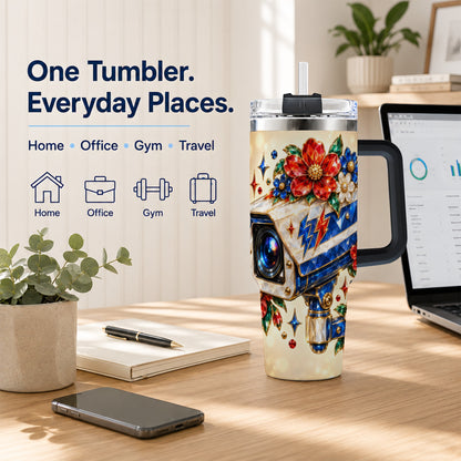 #pl[40oz|Black] Jeweled Camera 40oz Tumbler with Handle, Floral Stainless Steel Travel Cup