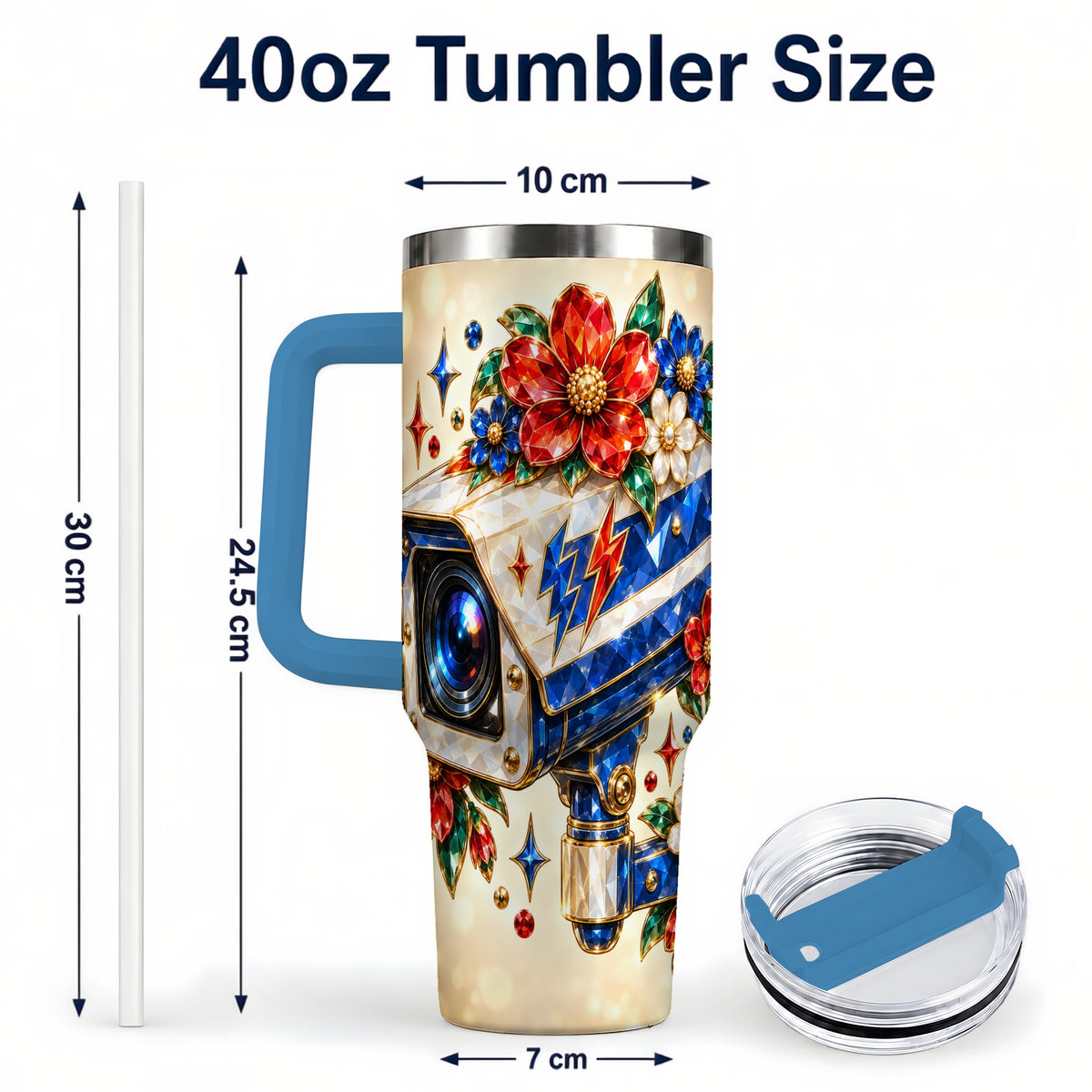 #pl[40oz|Blue] Jeweled Camera 40oz Tumbler with Handle, Floral Stainless Steel Travel Cup
