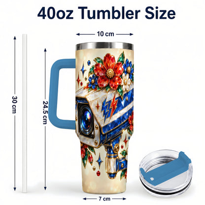 #pl[40oz|Blue] Jeweled Camera 40oz Tumbler with Handle, Floral Stainless Steel Travel Cup