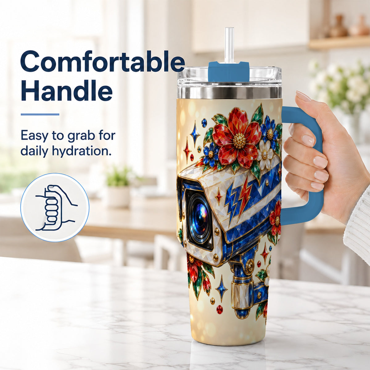 #pl[40oz|Blue] Jeweled Camera 40oz Tumbler with Handle, Floral Stainless Steel Travel Cup