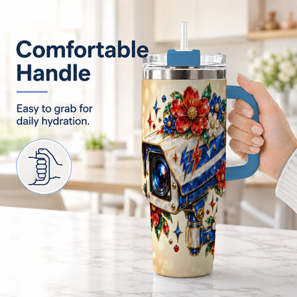 #pl[40oz|Blue] Jeweled Camera 40oz Tumbler with Handle, Floral Stainless Steel Travel Cup