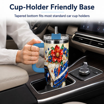 #pl[40oz|Blue] Jeweled Camera 40oz Tumbler with Handle, Floral Stainless Steel Travel Cup