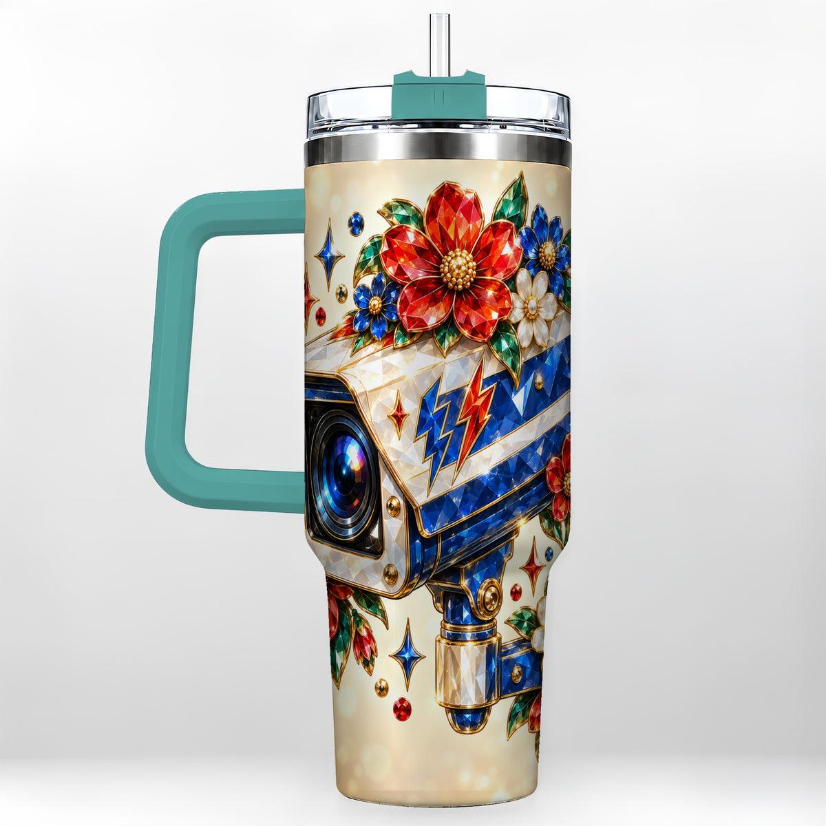 #pl[40oz|Green] Jeweled Camera 40oz Tumbler with Handle, Floral Stainless Steel Travel Cup