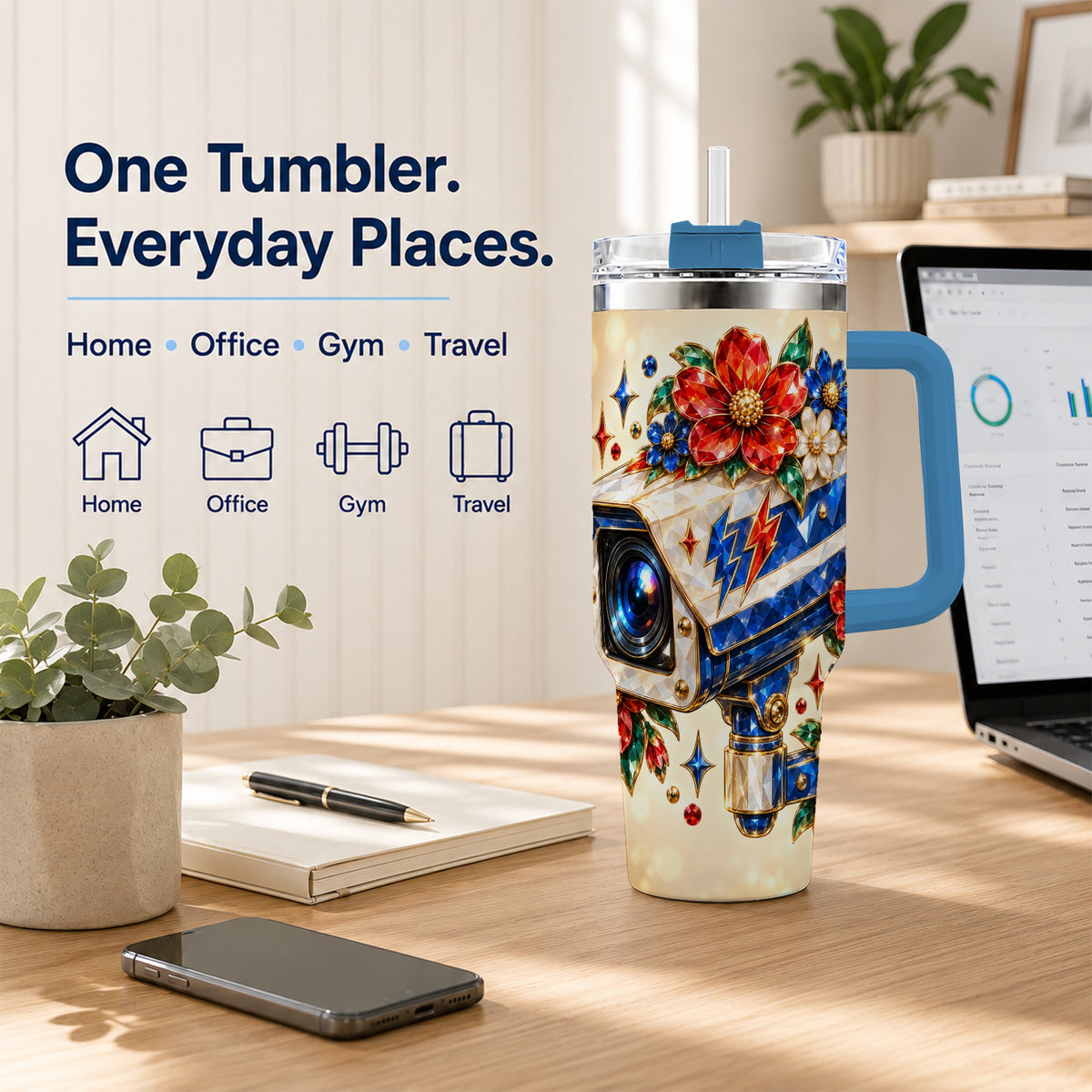 #pl[40oz|Blue] Jeweled Camera 40oz Tumbler with Handle, Floral Stainless Steel Travel Cup