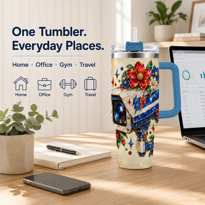#pl[40oz|Blue] Jeweled Camera 40oz Tumbler with Handle, Floral Stainless Steel Travel Cup