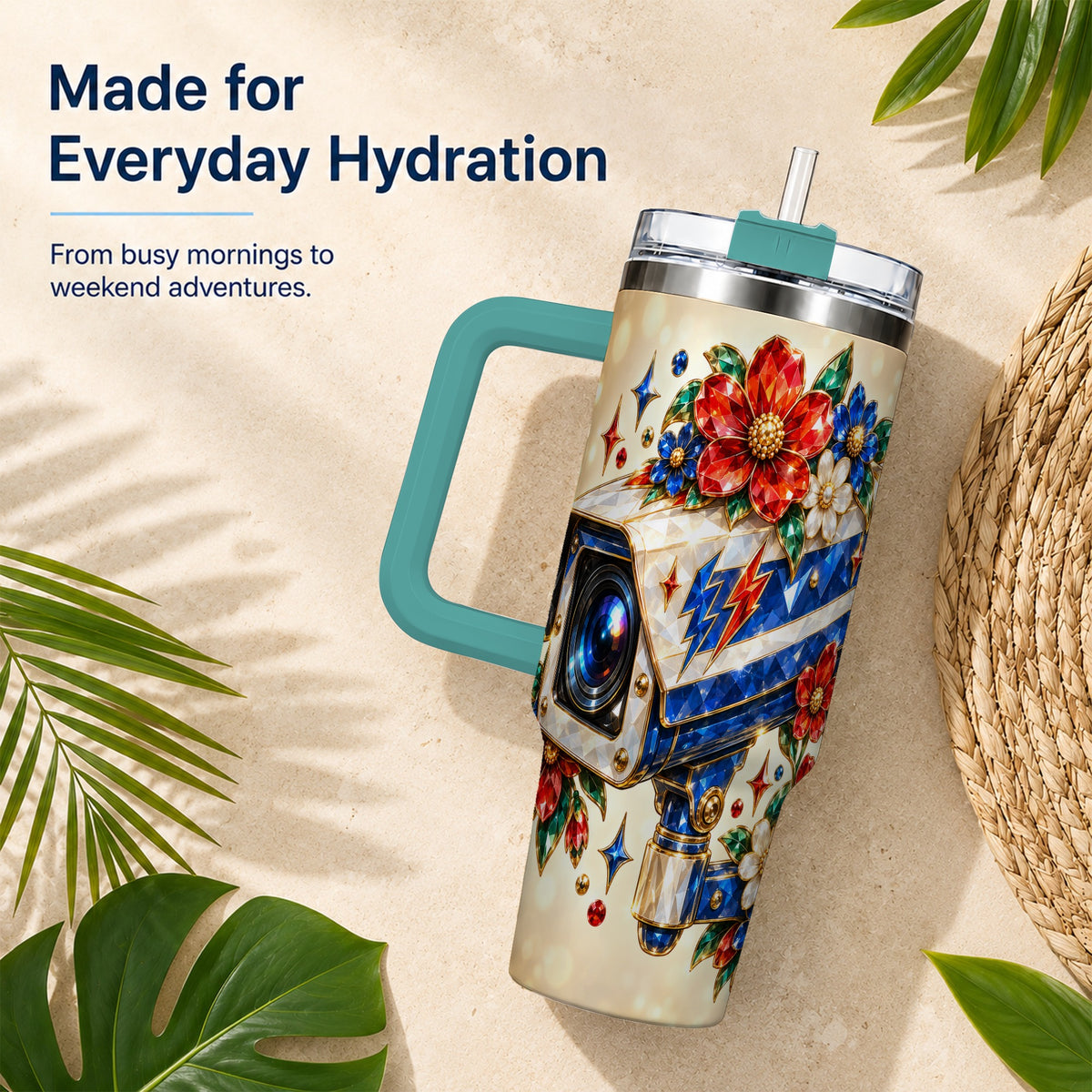 #pl[40oz|Green] Jeweled Camera 40oz Tumbler with Handle, Floral Stainless Steel Travel Cup