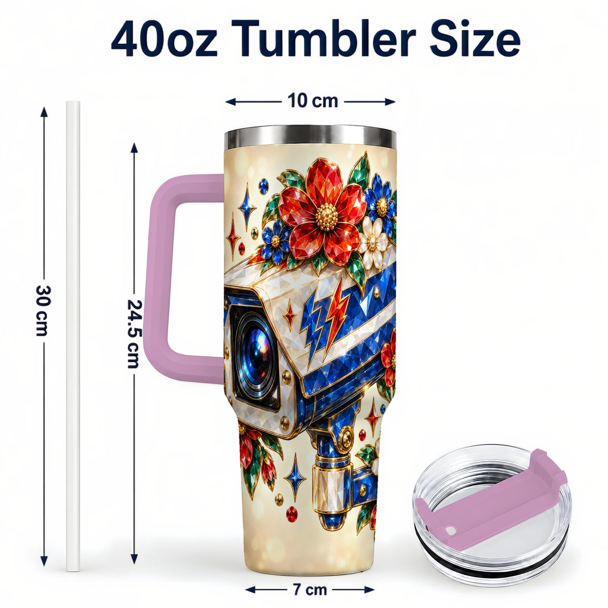 #pl[40oz|Pink] Jeweled Camera 40oz Tumbler with Handle, Floral Stainless Steel Travel Cup