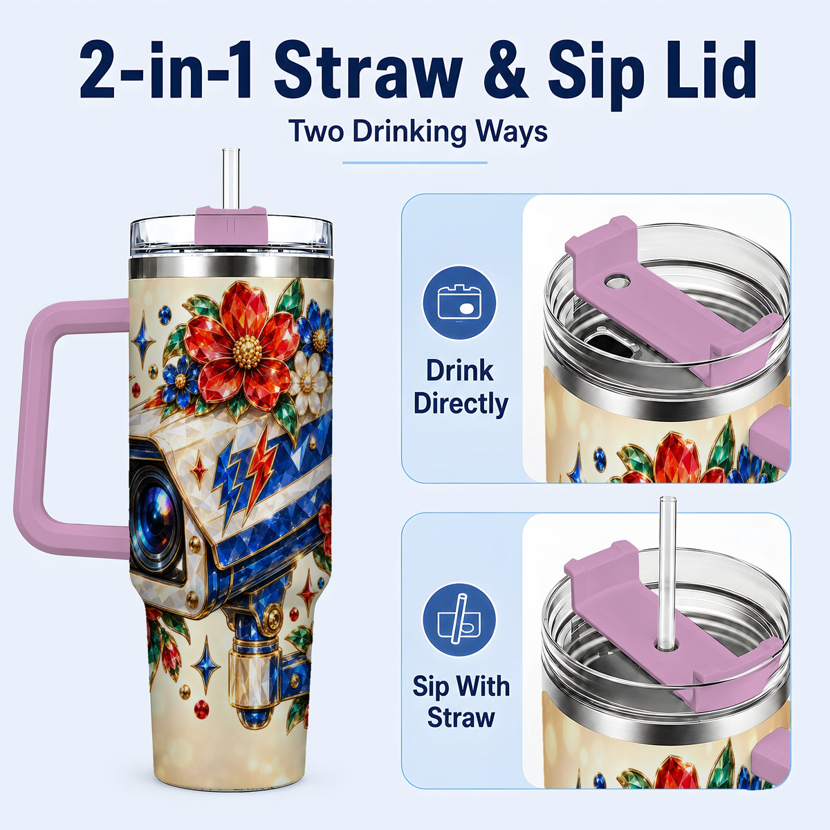 #pl[40oz|Pink] Jeweled Camera 40oz Tumbler with Handle, Floral Stainless Steel Travel Cup