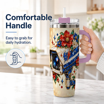 #pl[40oz|Pink] Jeweled Camera 40oz Tumbler with Handle, Floral Stainless Steel Travel Cup