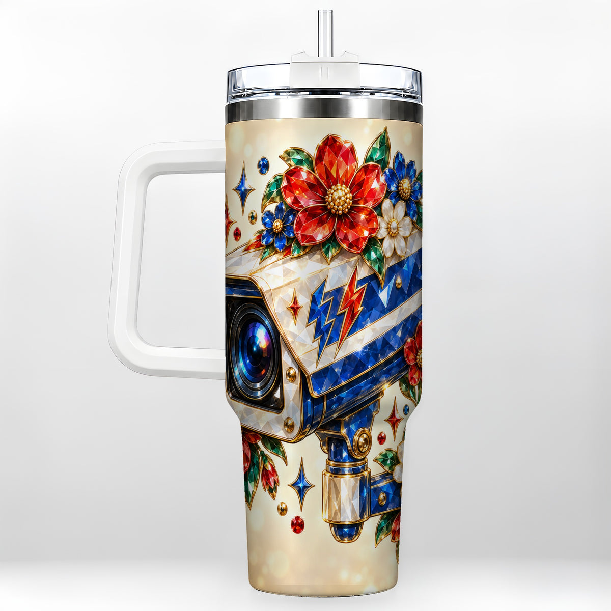 Jeweled Camera 40oz Tumbler with Handle, Floral Stainless Steel Travel Cup
