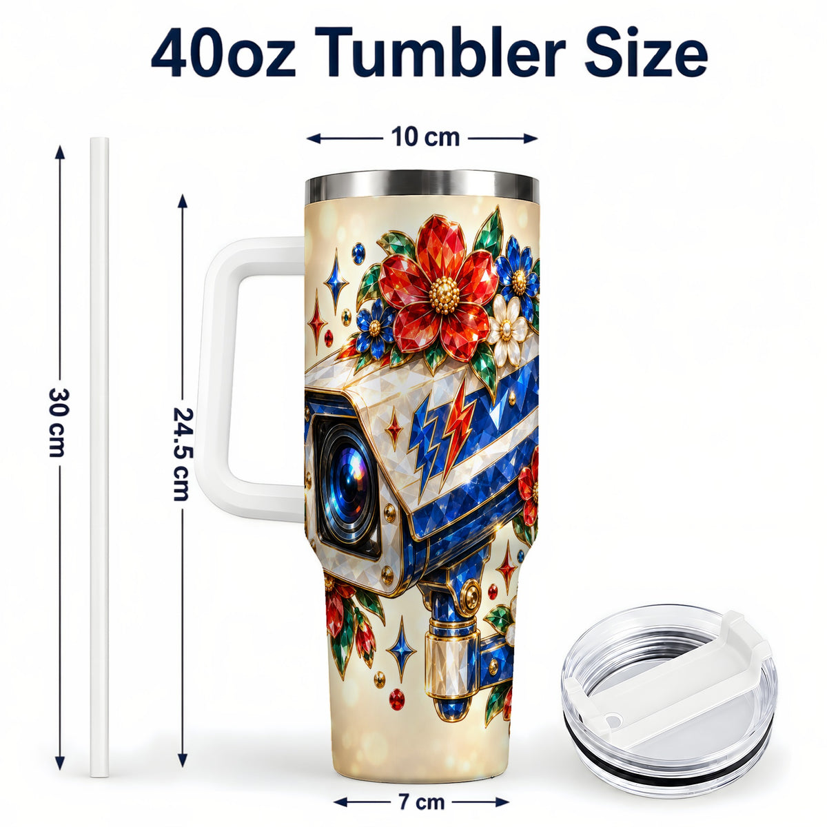 #pl[40oz|White] Jeweled Camera 40oz Tumbler with Handle, Floral Stainless Steel Travel Cup