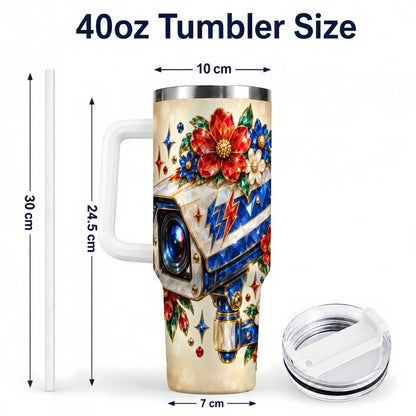 #pl[40oz|White] Jeweled Camera 40oz Tumbler with Handle, Floral Stainless Steel Travel Cup