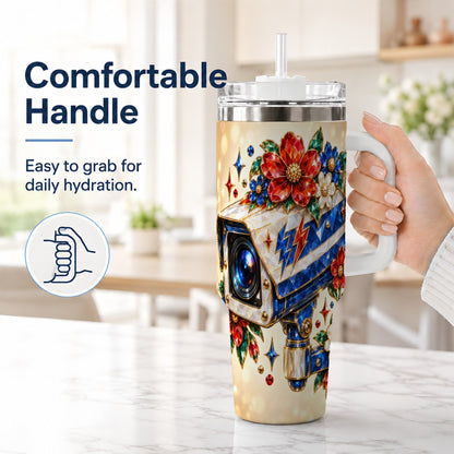 #pl[40oz|White] Jeweled Camera 40oz Tumbler with Handle, Floral Stainless Steel Travel Cup