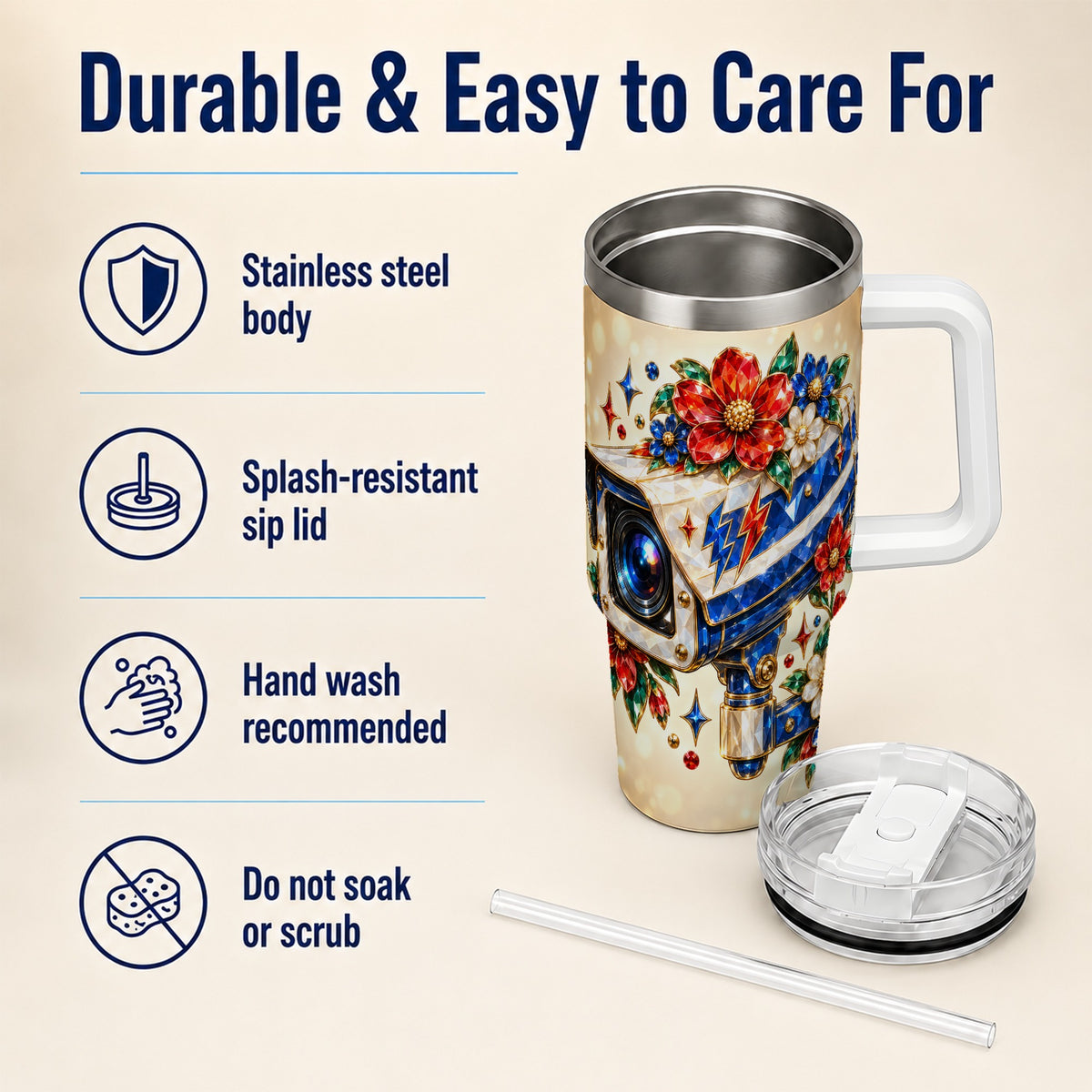#pl[40oz|White] Jeweled Camera 40oz Tumbler with Handle, Floral Stainless Steel Travel Cup