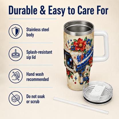 #pl[40oz|White] Jeweled Camera 40oz Tumbler with Handle, Floral Stainless Steel Travel Cup