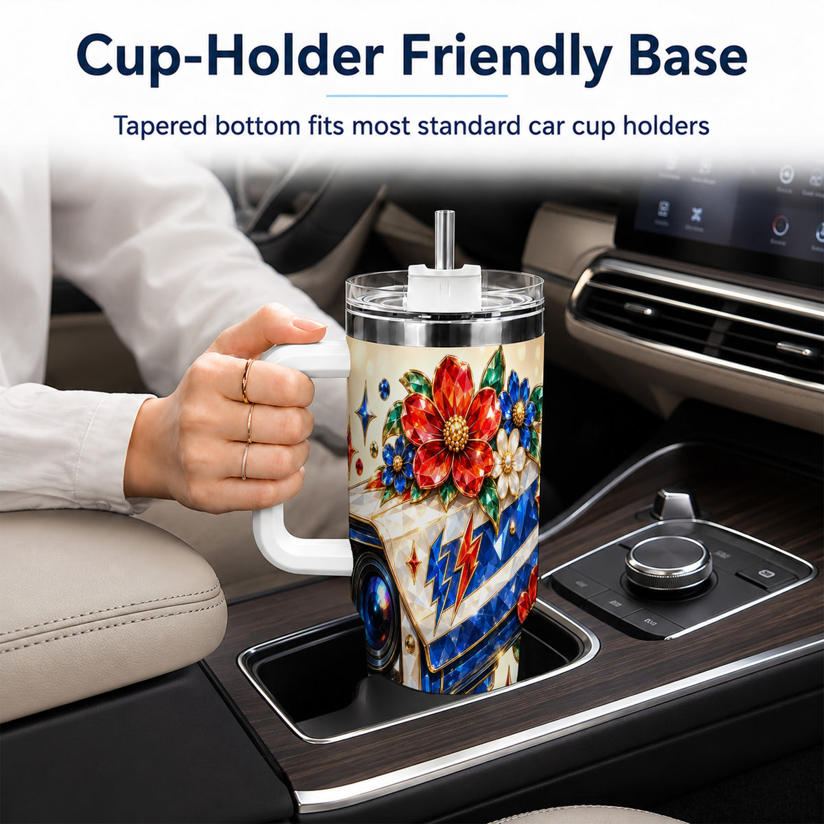 #pl[40oz|White] Jeweled Camera 40oz Tumbler with Handle, Floral Stainless Steel Travel Cup