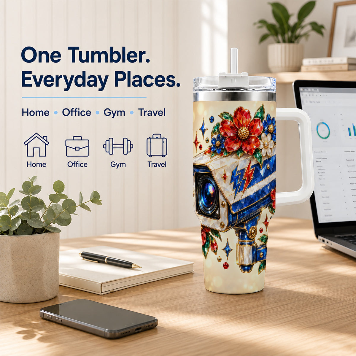 #pl[40oz|White] Jeweled Camera 40oz Tumbler with Handle, Floral Stainless Steel Travel Cup
