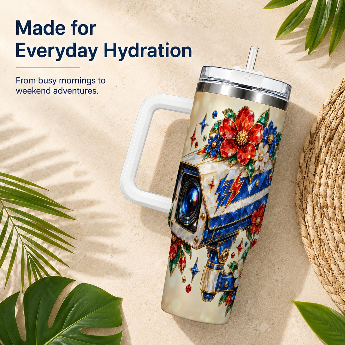 #pl[40oz|White] Jeweled Camera 40oz Tumbler with Handle, Floral Stainless Steel Travel Cup