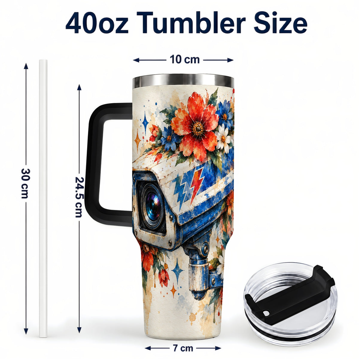 #pl[40oz|Black] Watercolor Camera 40oz Tumbler with Handle, Floral Stainless Travel Cup
