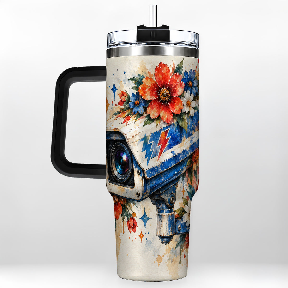#pl[40oz|Black] Watercolor Camera 40oz Tumbler with Handle, Floral Stainless Travel Cup