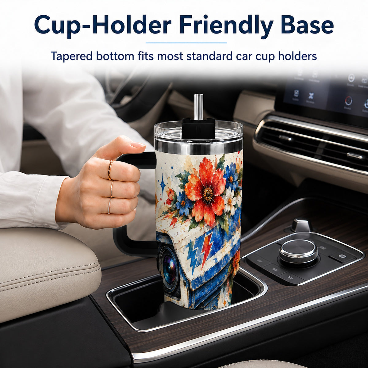 #pl[40oz|Black] Watercolor Camera 40oz Tumbler with Handle, Floral Stainless Travel Cup
