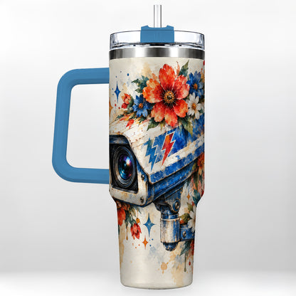 #pl[40oz|Blue] Watercolor Camera 40oz Tumbler with Handle, Floral Stainless Travel Cup