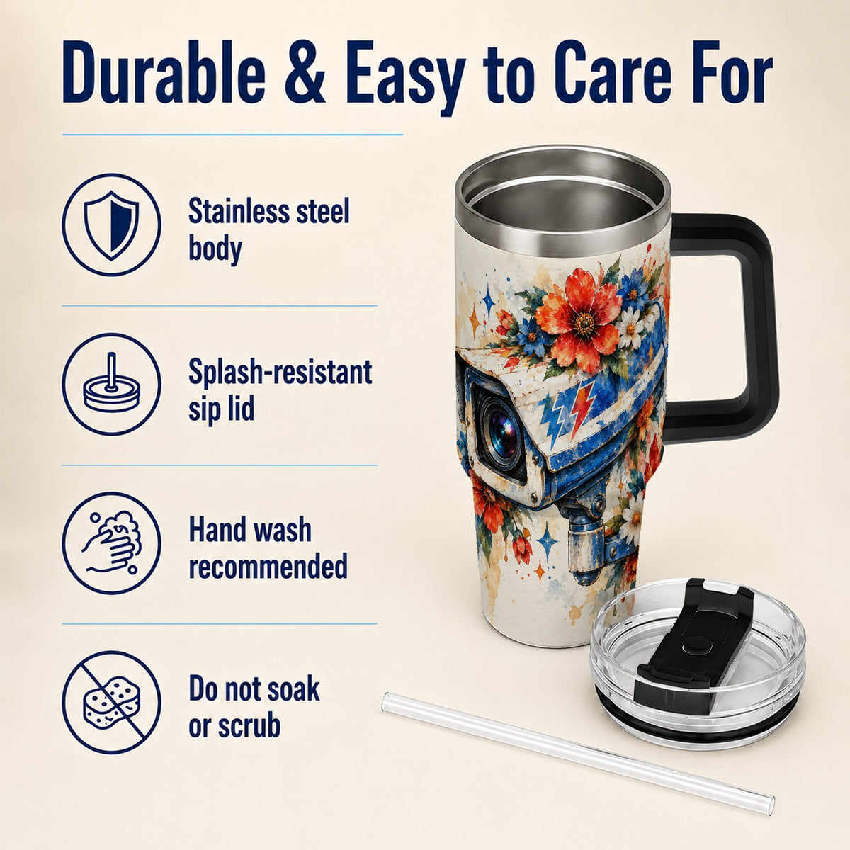 #pl[40oz|Black] Watercolor Camera 40oz Tumbler with Handle, Floral Stainless Travel Cup