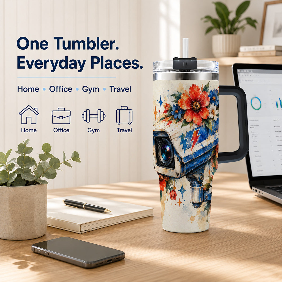 #pl[40oz|Black] Watercolor Camera 40oz Tumbler with Handle, Floral Stainless Travel Cup