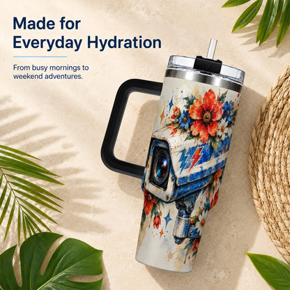 #pl[40oz|Black] Watercolor Camera 40oz Tumbler with Handle, Floral Stainless Travel Cup