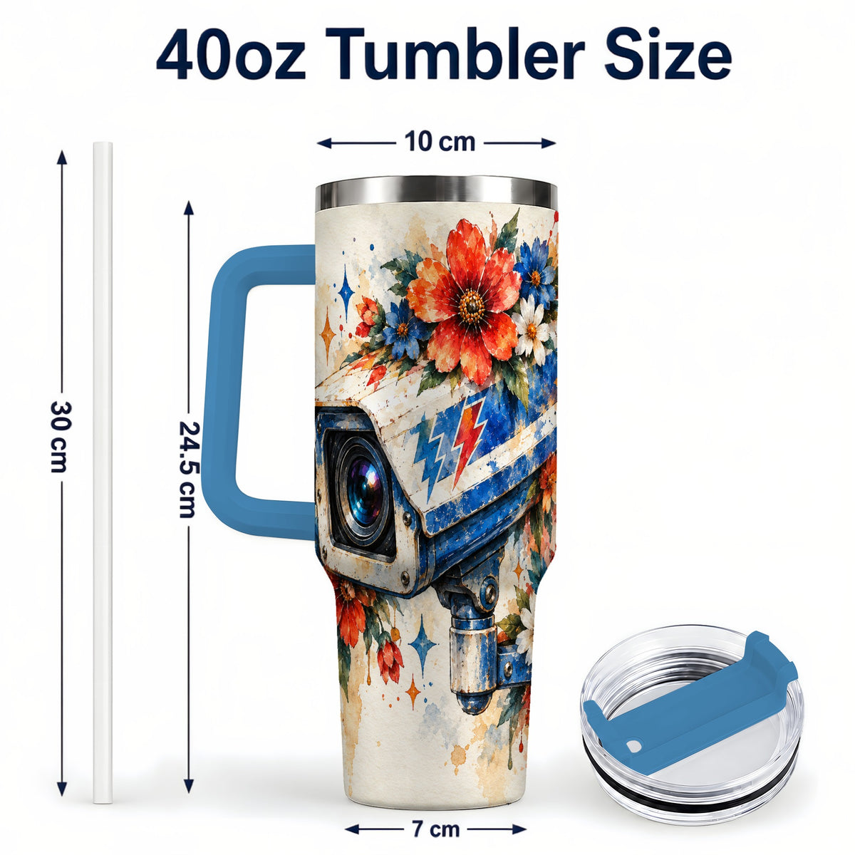 #pl[40oz|Blue] Watercolor Camera 40oz Tumbler with Handle, Floral Stainless Travel Cup