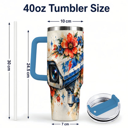 #pl[40oz|Blue] Watercolor Camera 40oz Tumbler with Handle, Floral Stainless Travel Cup