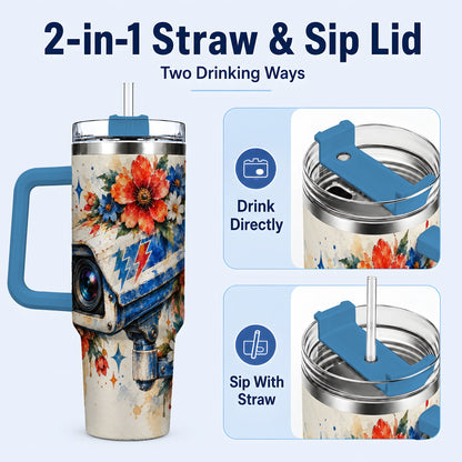 #pl[40oz|Blue] Watercolor Camera 40oz Tumbler with Handle, Floral Stainless Travel Cup