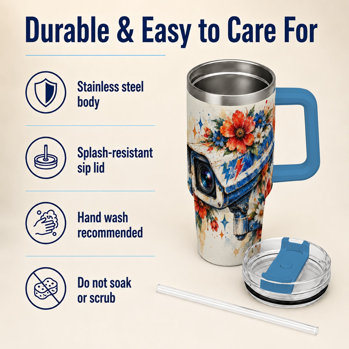 #pl[40oz|Blue] Watercolor Camera 40oz Tumbler with Handle, Floral Stainless Travel Cup