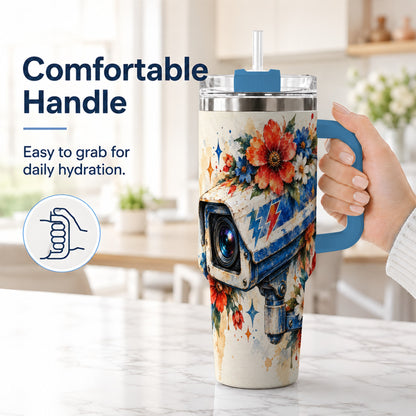 #pl[40oz|Blue] Watercolor Camera 40oz Tumbler with Handle, Floral Stainless Travel Cup