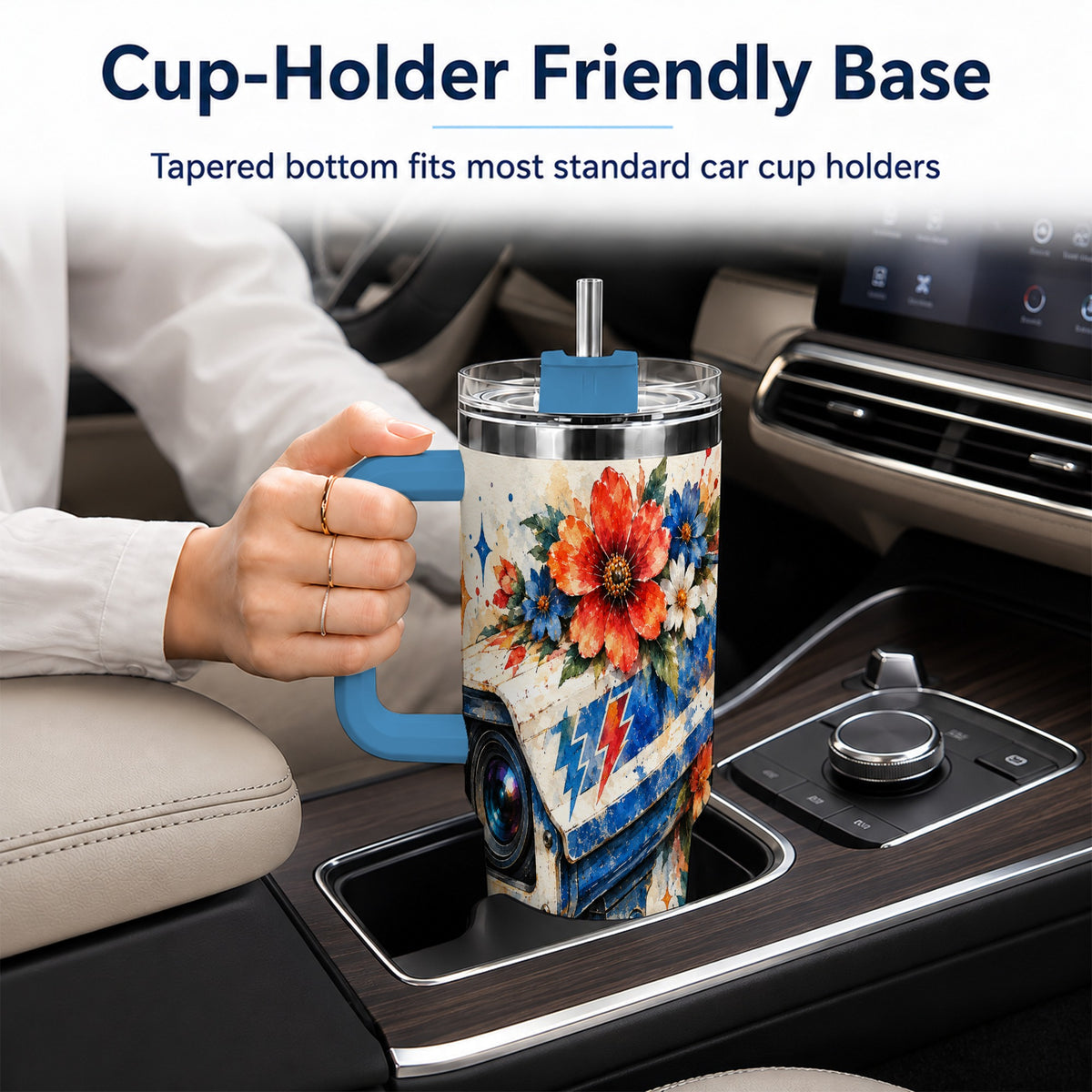 #pl[40oz|Blue] Watercolor Camera 40oz Tumbler with Handle, Floral Stainless Travel Cup