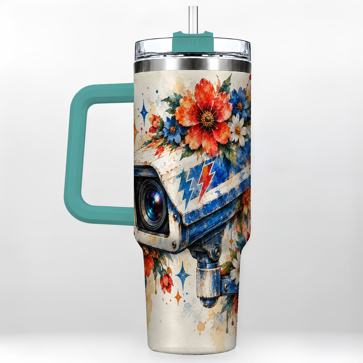 #pl[40oz|Green] Watercolor Camera 40oz Tumbler with Handle, Floral Stainless Travel Cup