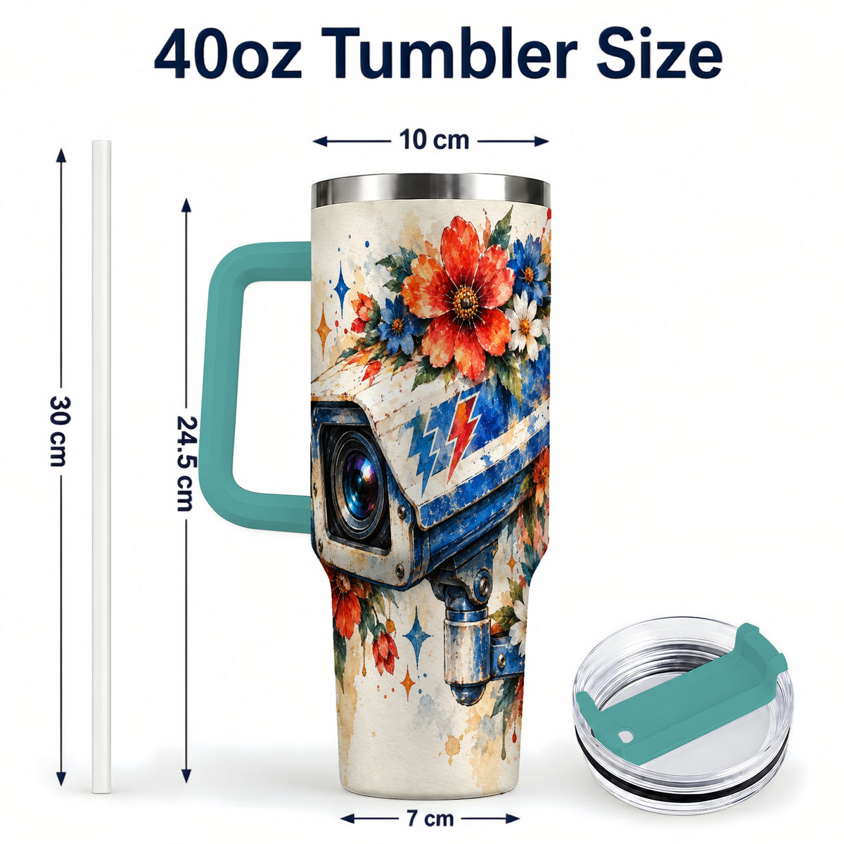#pl[40oz|Green] Watercolor Camera 40oz Tumbler with Handle, Floral Stainless Travel Cup