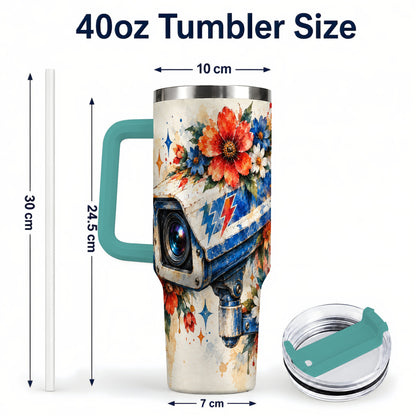 #pl[40oz|Green] Watercolor Camera 40oz Tumbler with Handle, Floral Stainless Travel Cup