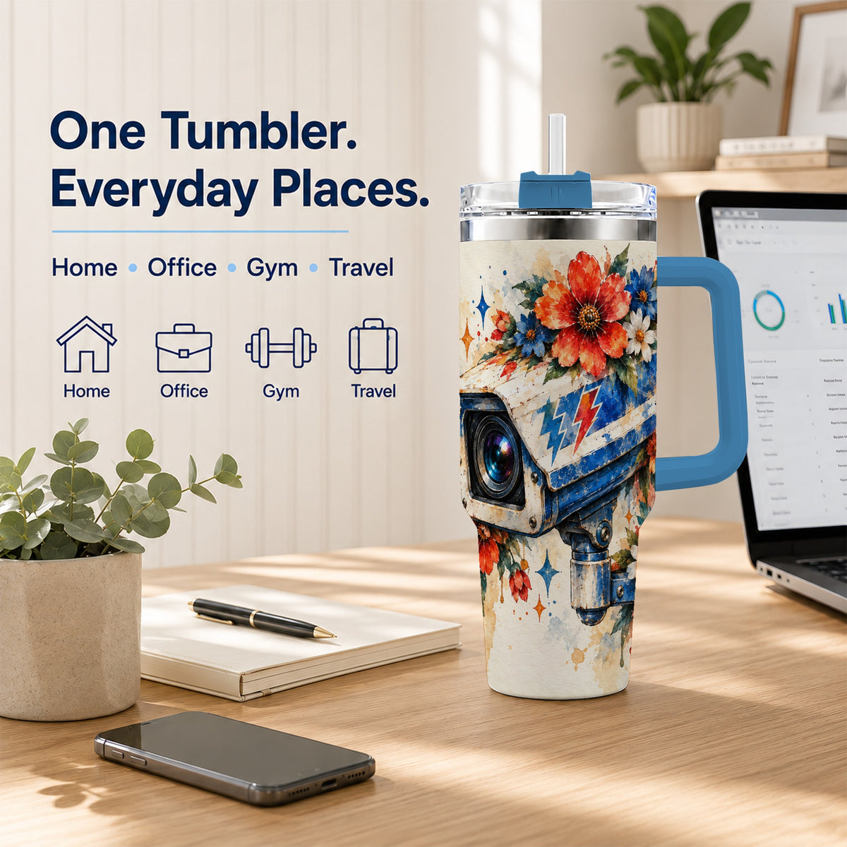 #pl[40oz|Blue] Watercolor Camera 40oz Tumbler with Handle, Floral Stainless Travel Cup