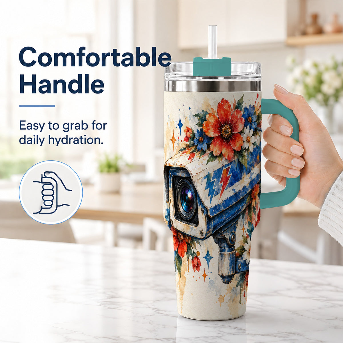 #pl[40oz|Green] Watercolor Camera 40oz Tumbler with Handle, Floral Stainless Travel Cup