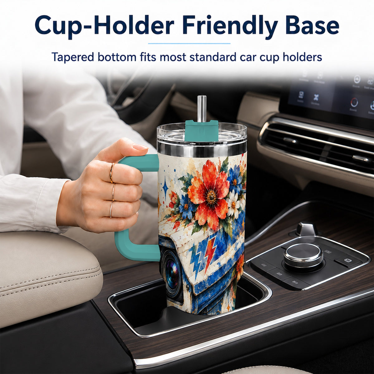 #pl[40oz|Green] Watercolor Camera 40oz Tumbler with Handle, Floral Stainless Travel Cup