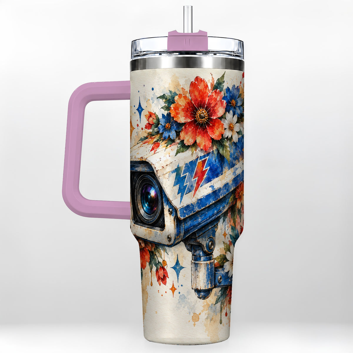 #pl[40oz|Pink] Watercolor Camera 40oz Tumbler with Handle, Floral Stainless Travel Cup